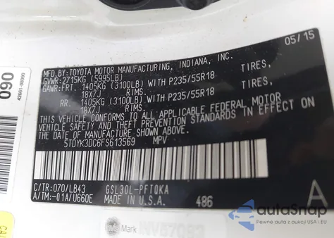 2015 Toyota Sienna Limited 7 Passenger z USA, uszkodzony, nr VIN 5TDYK3DC6FS613569